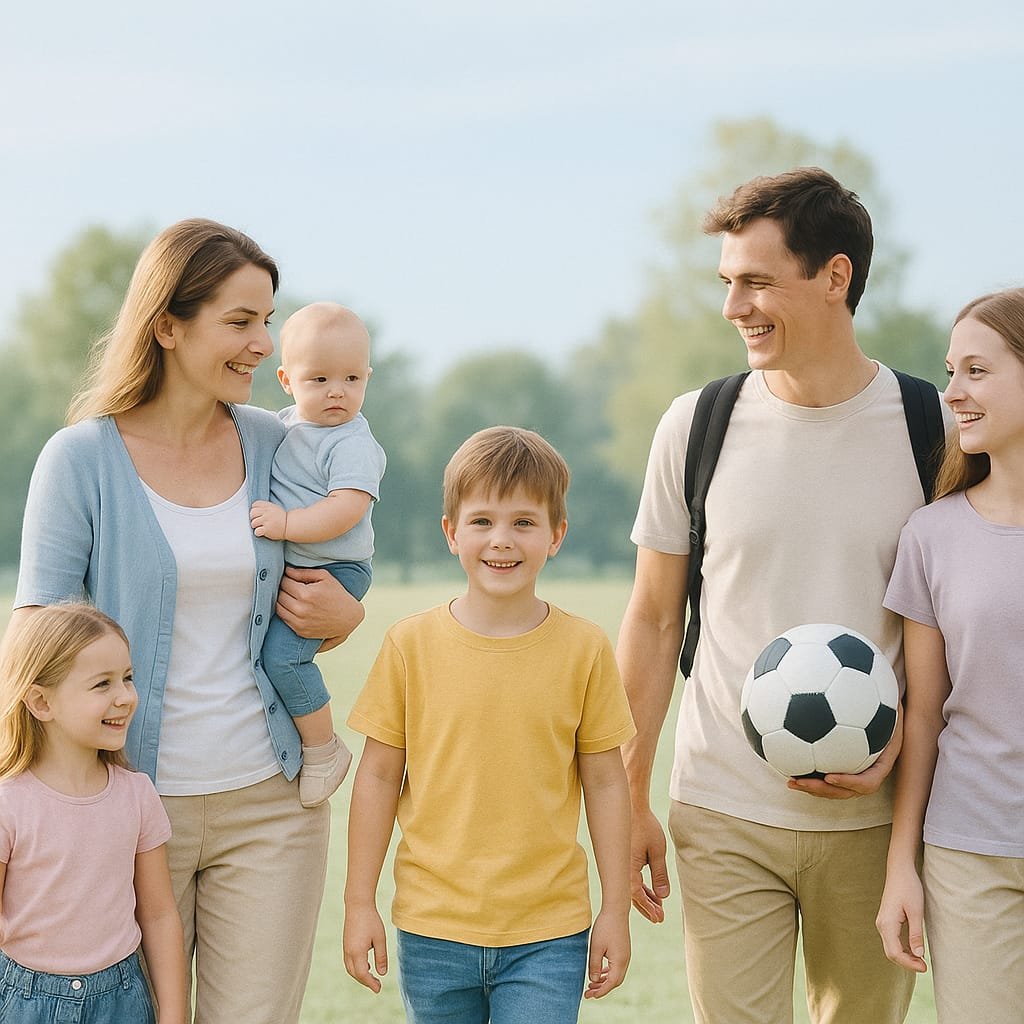 Familia caminando por un parque en un día soleado: madre con un bebé en brazos, padre con balón, junto a una niña y un niño sonrientes de diferentes edades.