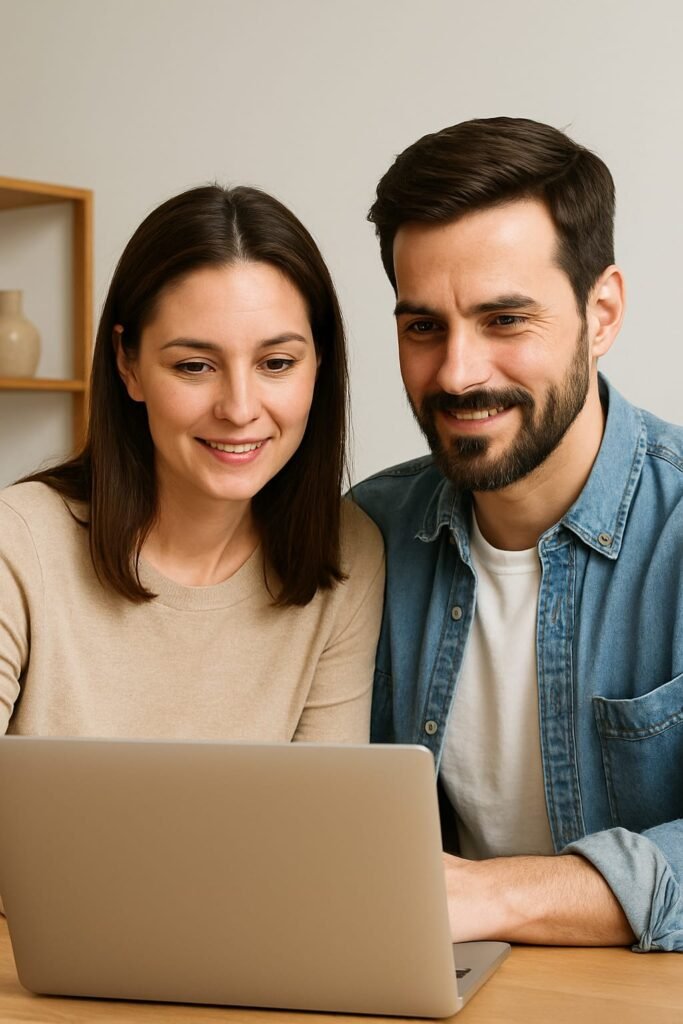 Pareja de adultos mirando con atención la pantalla de un computador portátil, en un entorno tranquilo, representando un momento de consulta o búsqueda de información familiar.