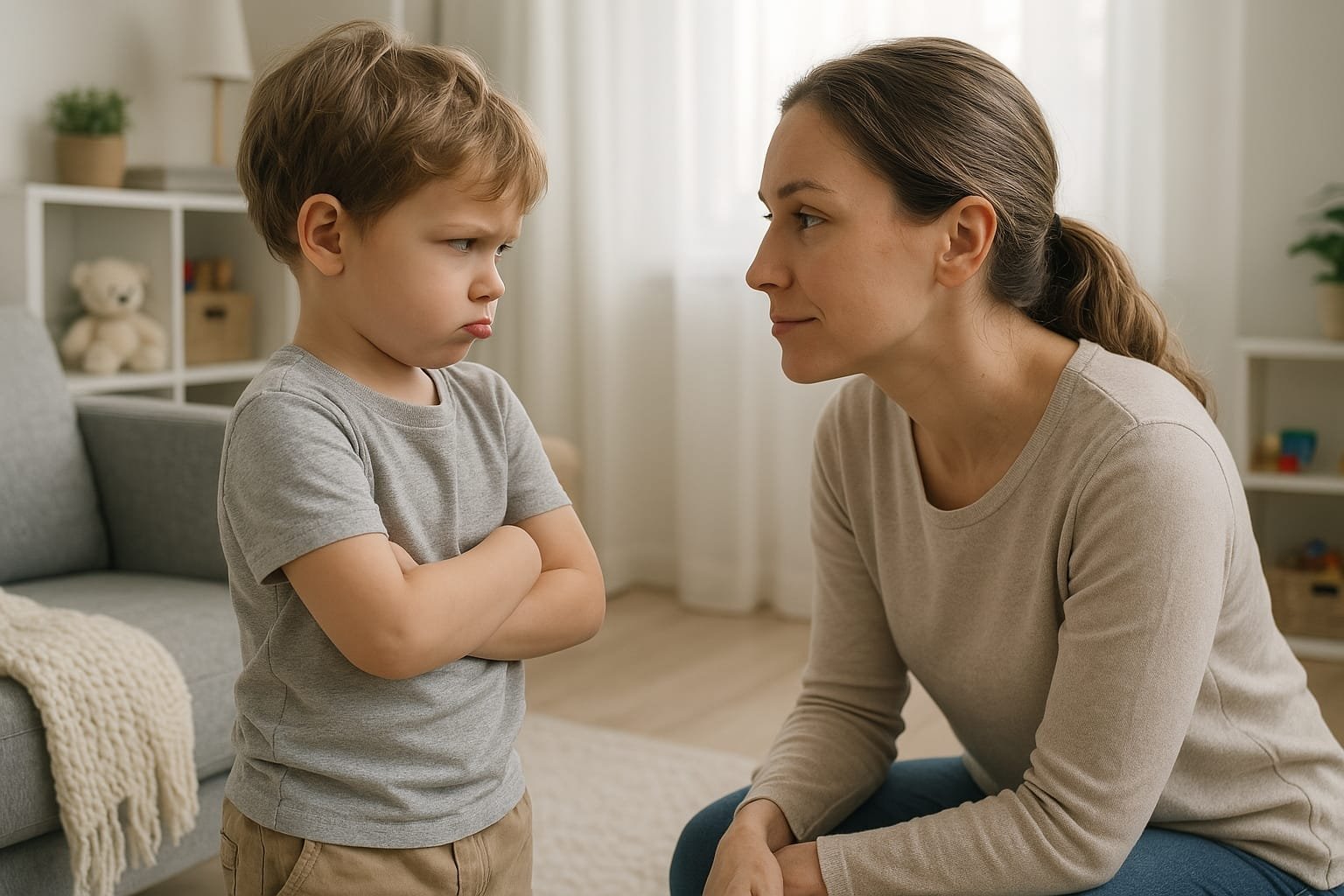Niño en edad preescolar, visiblemente molesto y con brazos cruzados, mirando a su mamá que lo observa con serenidad y empatía.