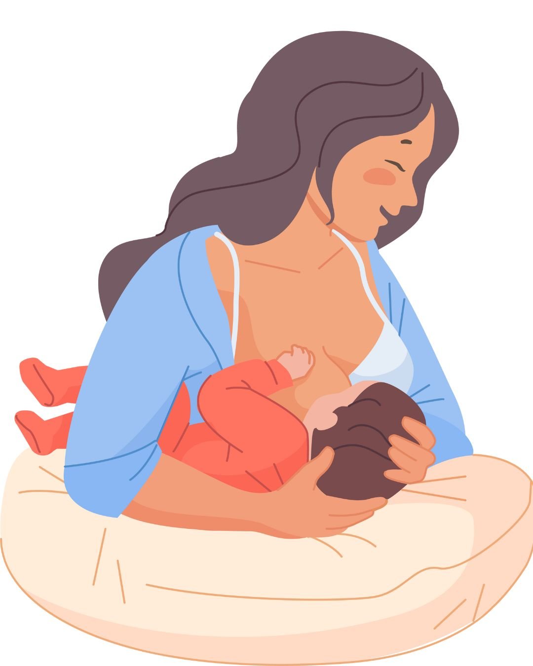 Ilustración de una madre amamantando a su bebé en brazos, en una postura amorosa y tranquila, resaltando el vínculo y la ternura del momento.