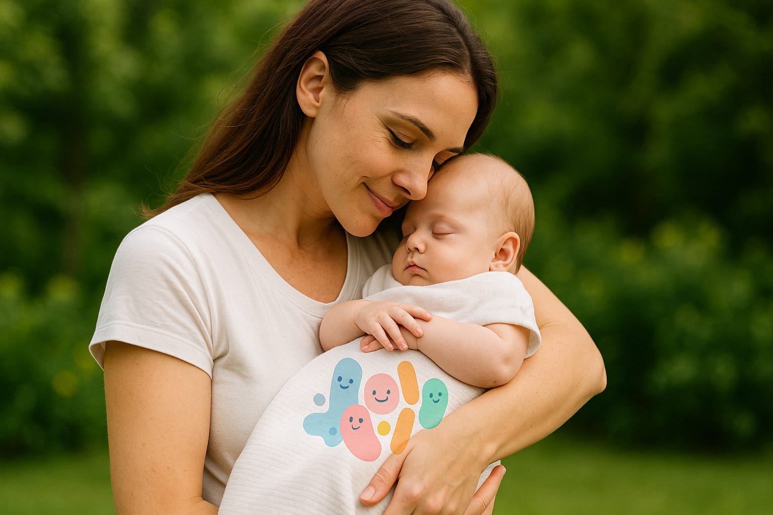 Madre sostiene en brazos a su bebé dormido en un jardín verde y luminoso; ambos muestran una expresión de paz y conexión. Sobre la manta que cubre al bebé se superpone una ilustración suave y colorida de microbiota amigable, representando protección natural.