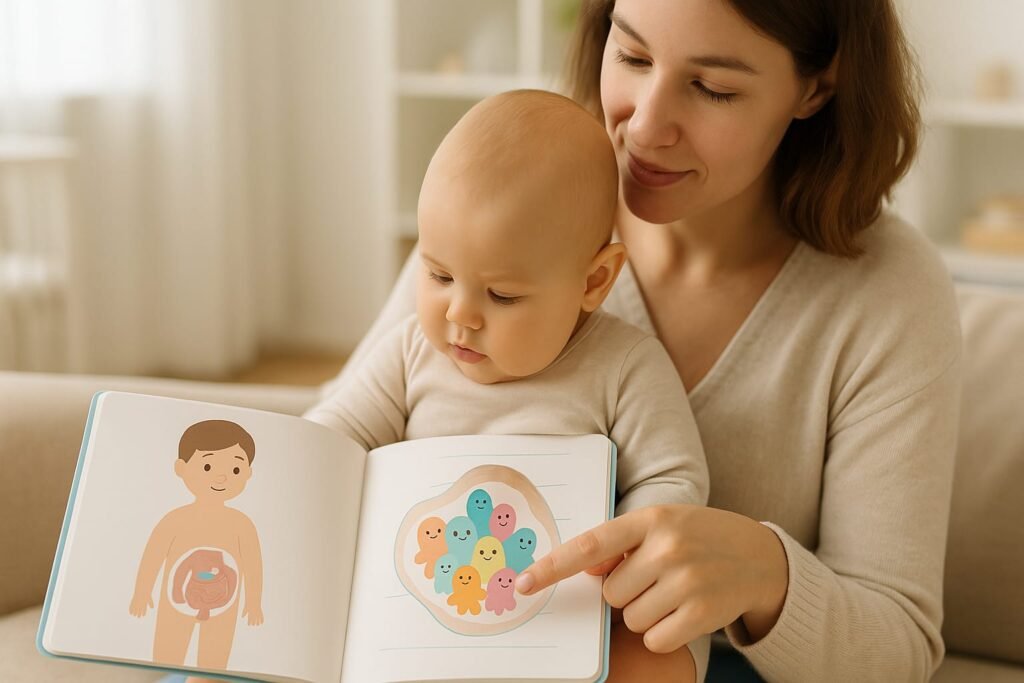 Madre sentada con su bebé en el regazo, ambos observan un libro ilustrado sobre el cuerpo humano en una habitación luminosa; la madre señala una ilustración del abdomen con figuras coloridas de microbiota amigable, mientras el bebé muestra curiosidad.