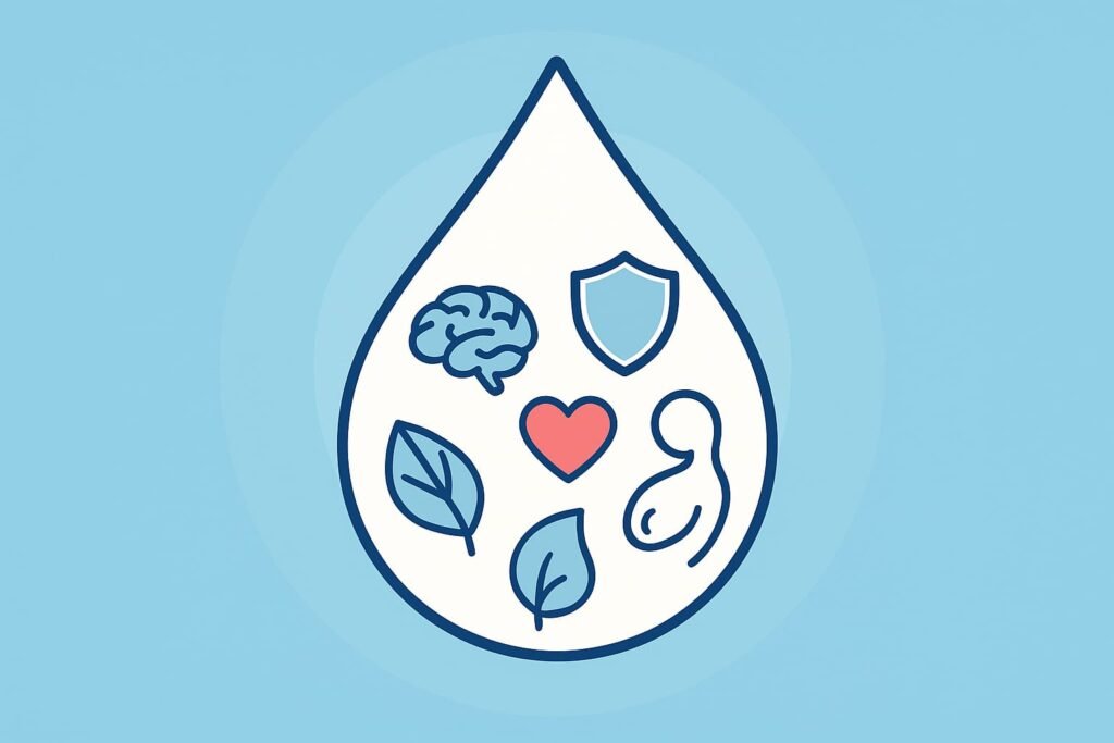 Ilustración simbólica sobre los beneficios de la lactancia materna, con íconos de inmunidad, desarrollo cerebral, vínculo afectivo, sostenibilidad ambiental y alimentación natural dentro de una gota de leche.