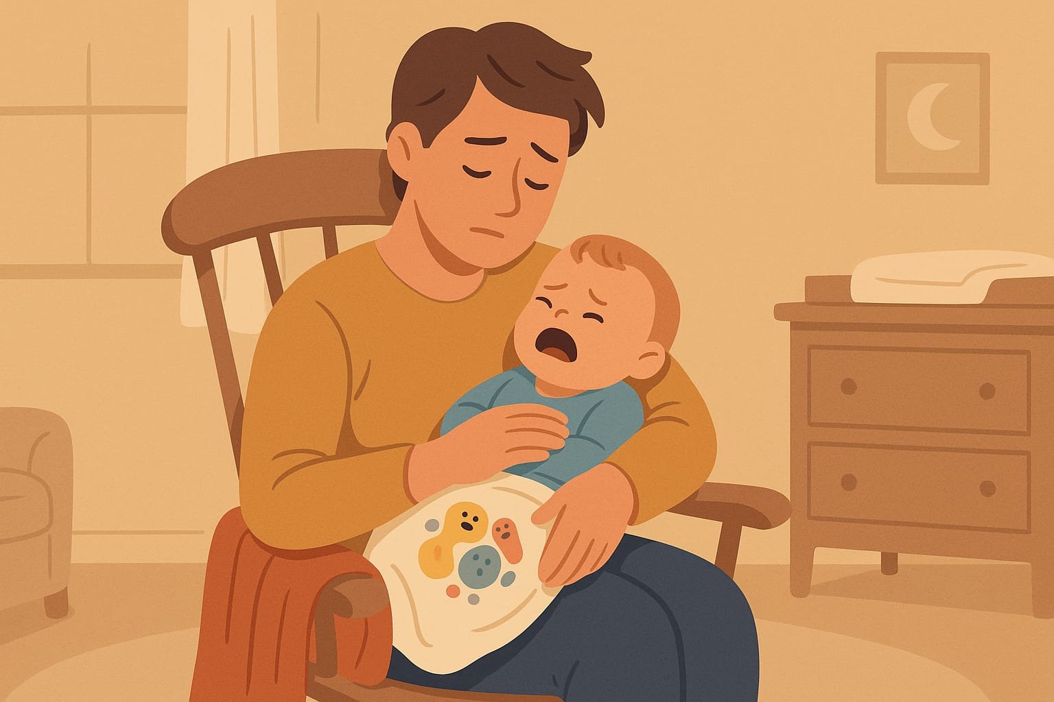 Ilustración vectorial de un adulto acunando con ternura a un bebé que llora en una habitación cálida y tranquila, transmitiendo empatía y calma durante un episodio de cólico infantil.