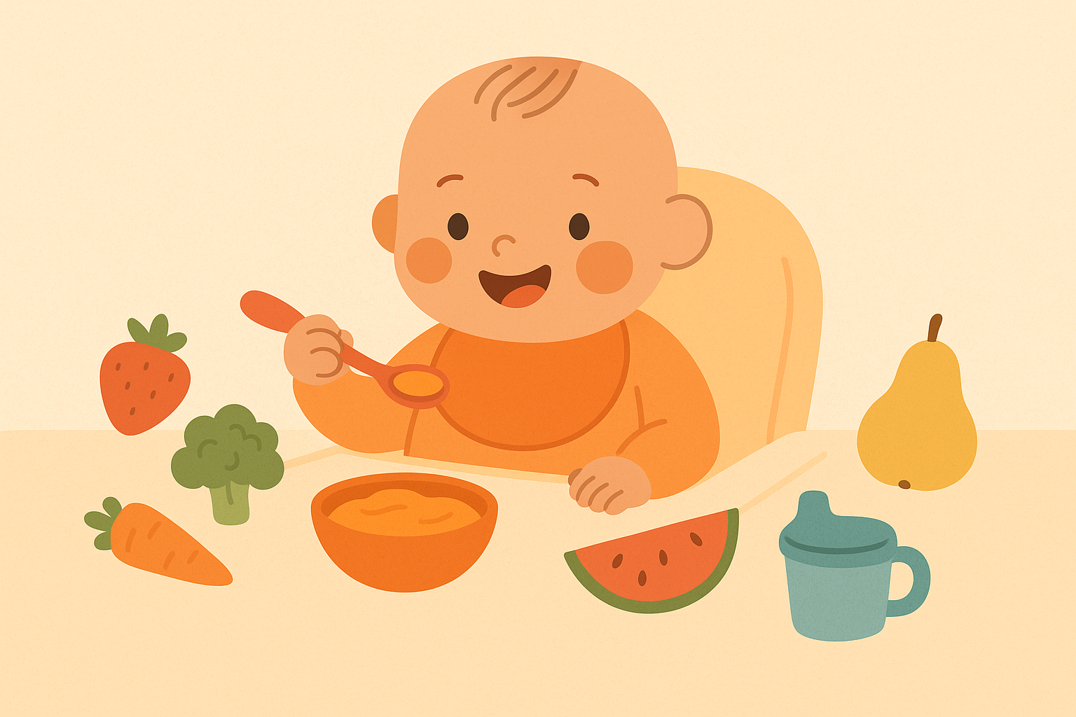Bebé sonriente sentado en una silla alta, rodeado de frutas, verduras y utensilios para comer; sostiene una cuchara mientras inicia la alimentación complementaria en un entorno cálido y amigable.