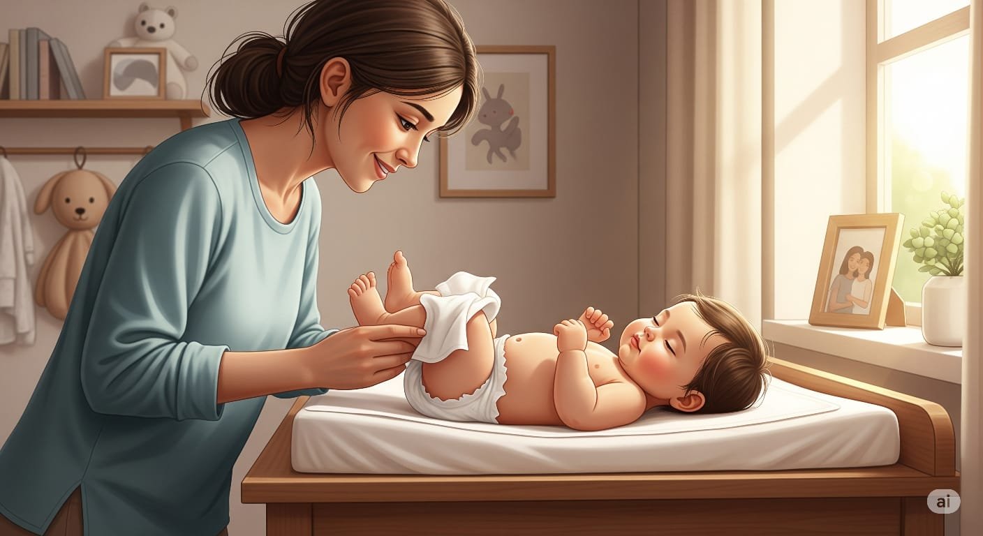 Una madre sonriente cambia el pañal de su bebé en una habitación iluminada por la luz del día, transmitiendo calidez, cuidado y conexión.