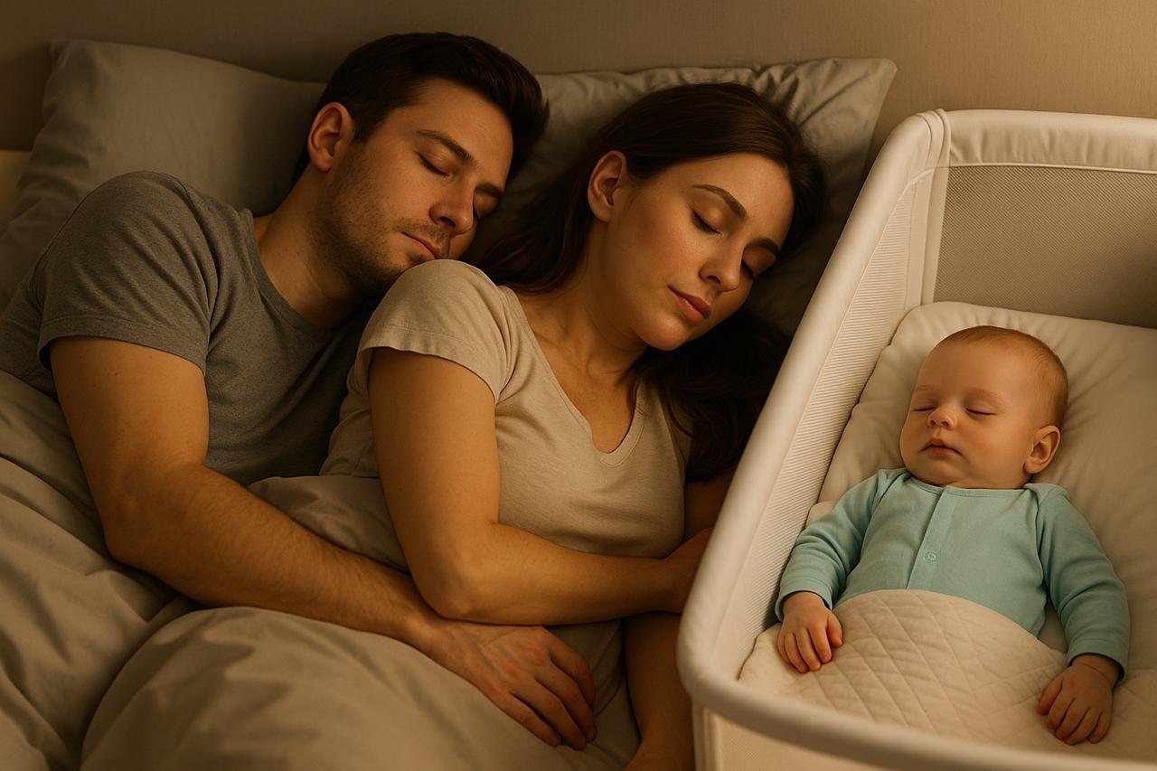 Papá y mamá acostados en su cama, dormidos y relajados, mientras su bebé duerme seguro en una cuna pegada al lado de la cama, junto a la madre.
