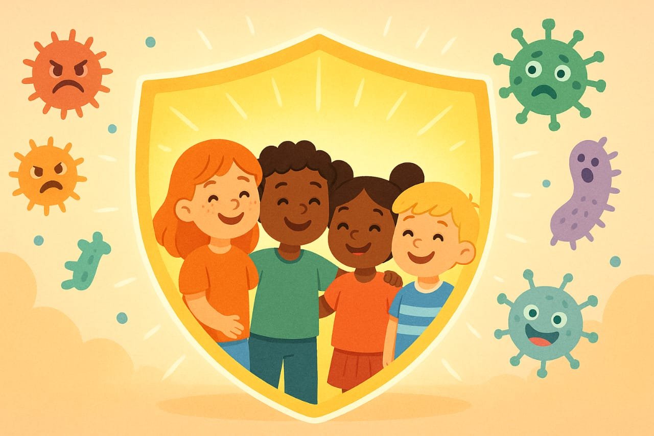 Niños sonrientes protegidos por un escudo brillante mientras virus caricaturescos quedan fuera.