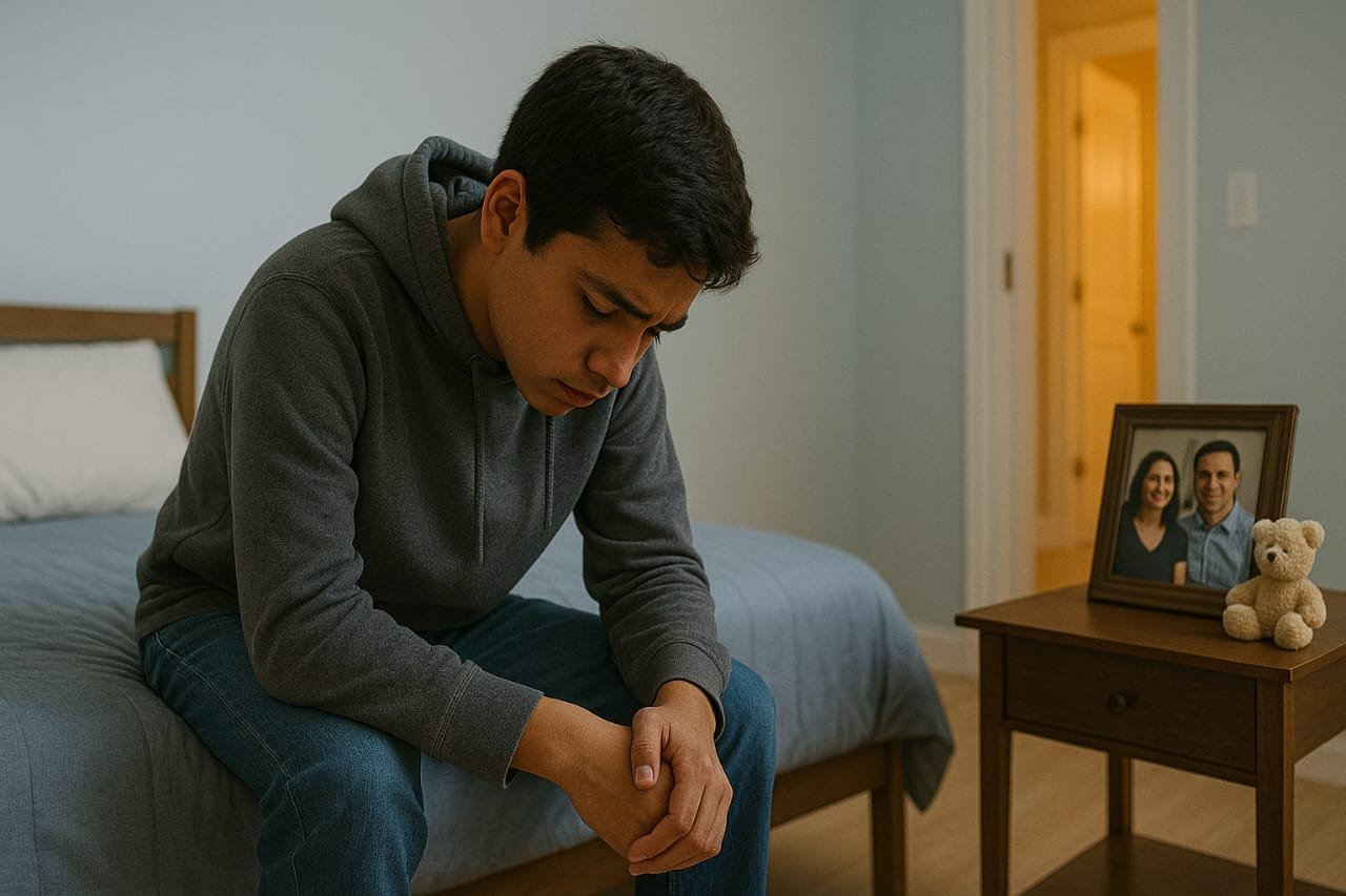 Adolescente sentado al borde de su cama con expresión triste, en una habitación tenue; al fondo se ve una puerta abierta con luz cálida y una mesa de noche con un portarretrato familiar y un peluche.